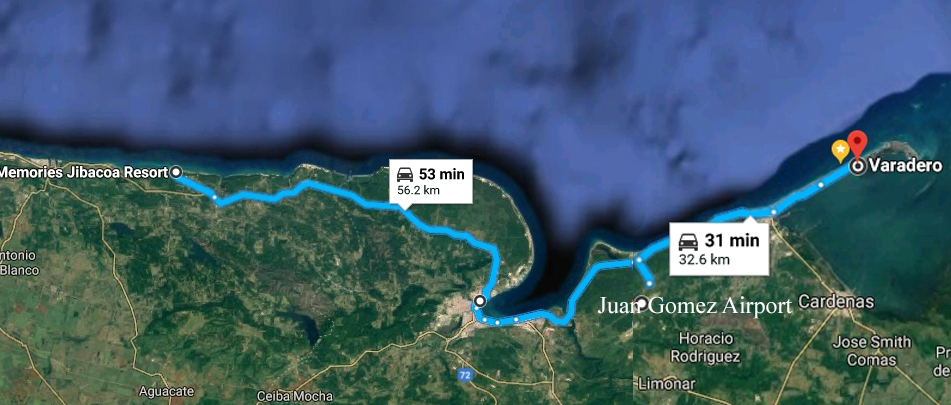 Map Distances from Airport to Jibacoa and Varadero